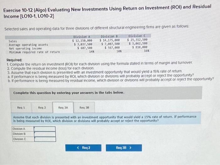 Selected sales and operating data for three divisions of different structural engineering