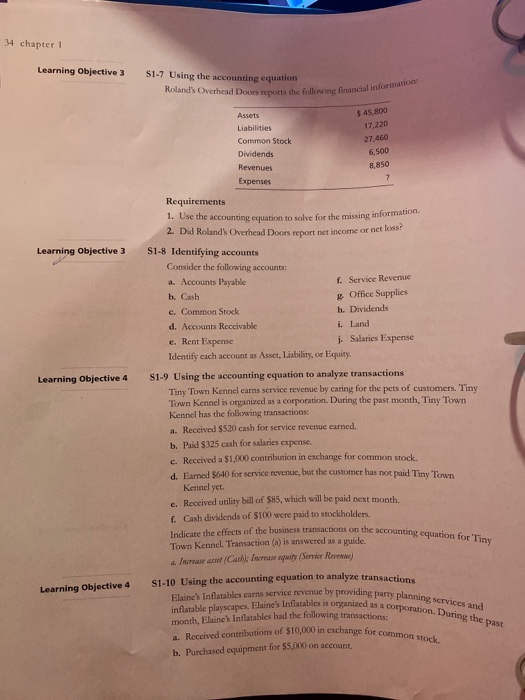 Short Answer S1-8 Identifying accounts needs to be answered 34 chapter 1