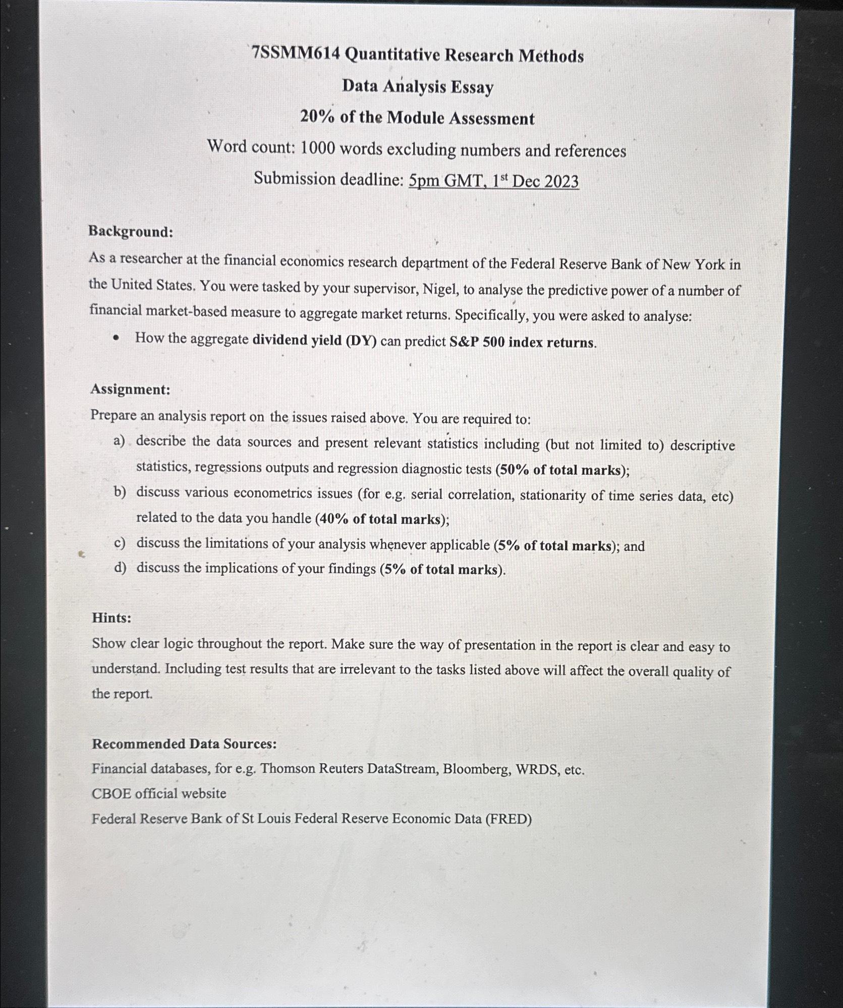  7SSMM614 Quantitative Research Methods Data Analysis Essay 20% of the Module