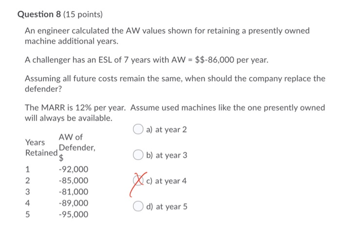  Question 8 (15 points) An engineer calculated the AW values shown