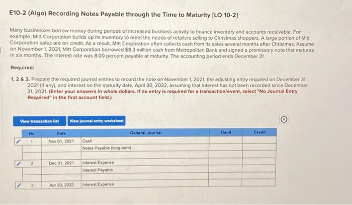  E10-2 (Algo) Recording Notes Payable through the Time to Maturity (LO