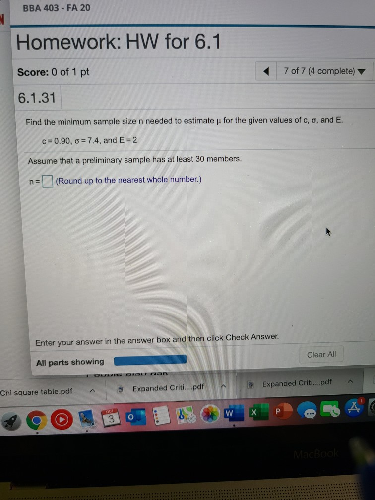  BBA 403 - FA 20 Homework: HW for 6.1 Score: 0