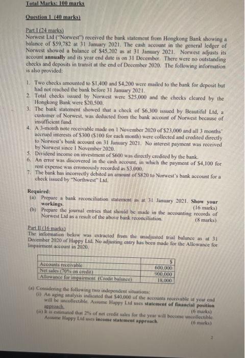  Total Marks: 100 marks Question 40 marks) Part 1 (24 marks)