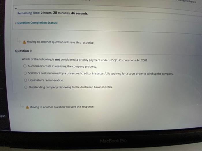  Remaining Time: 2 hours, 28 minutes, 46 seconds. Question Completion Status: