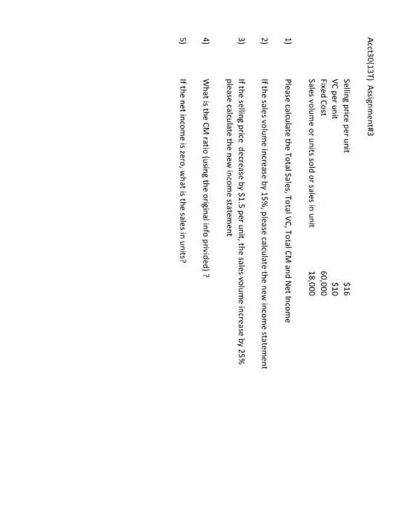  Acct30(137) Assignment#3 Selling price per unit VC per unit Fixed Cost