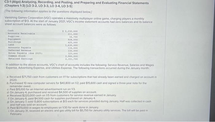  C3-1 (Algo) Analyzing, Recording, and Posting, and Preparing and Evaluating Financial