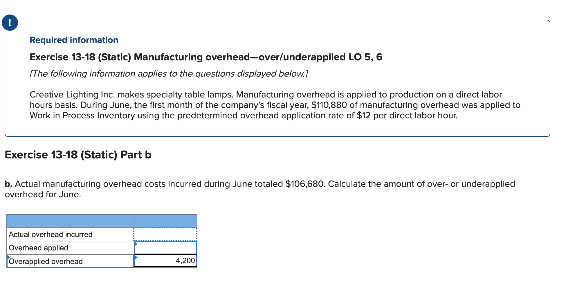  ! Required information Exercise 13-18 (Static) Manufacturing overhead-over/underapplied LO 5, 6