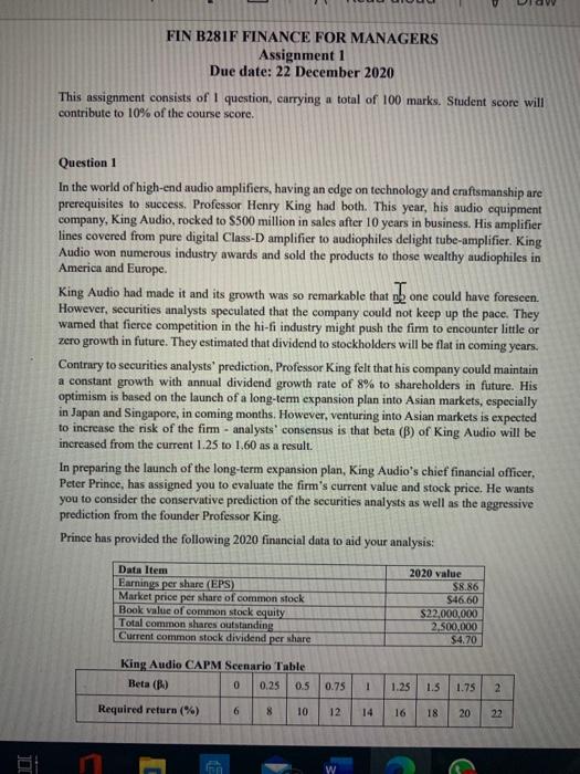  FIN B281F FINANCE FOR MANAGERS Assignment 1 Due date: 22 December