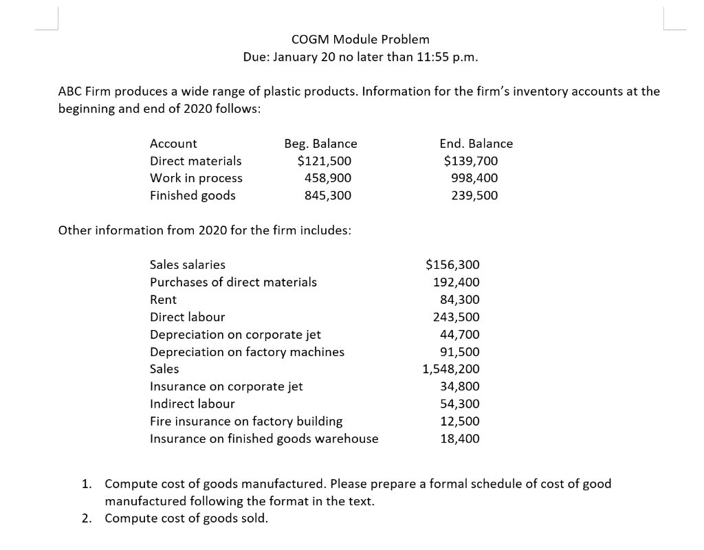  COGM Module Problem Due: January 20 no later than 11:55 p.m.