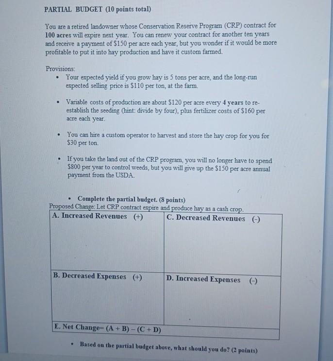  PARTIAL BUDGET (10 points total) You are a retired landowner whose