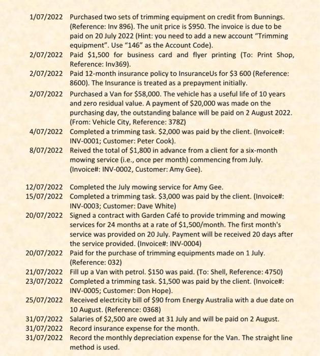 them into the Xero accounting software 2. Enter the following transactions for