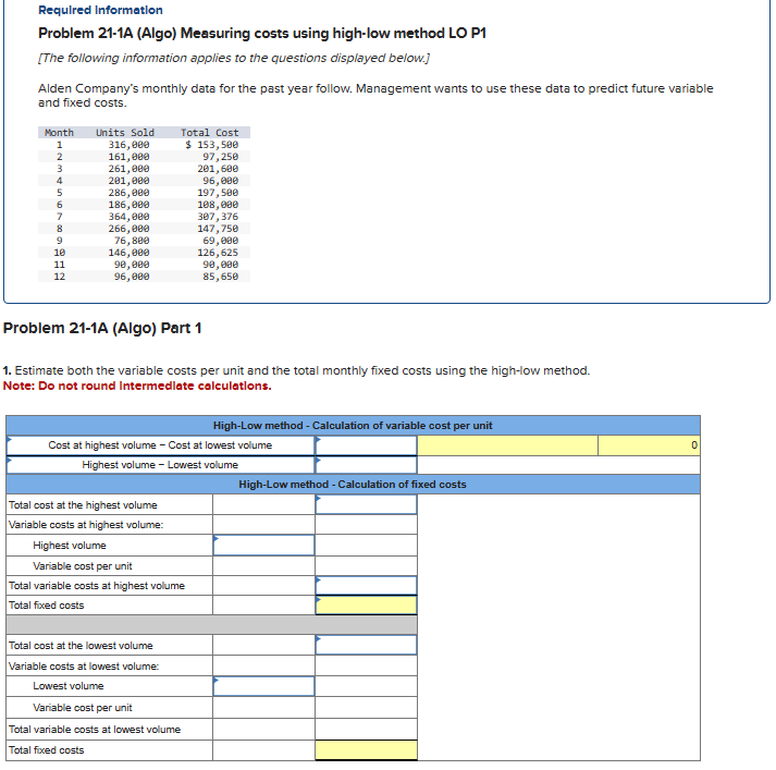  Problem 21-1A (Algo) Measuring costs using high-low method LO P1 [The