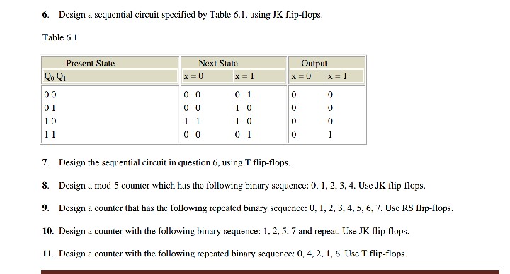6. Design a scquential circuit specificd by Table 6.1, using JK
