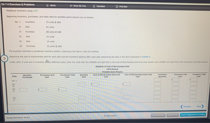  Ch 7-3 Exercises & Problems Perpetual inventory Using O Beginning inventory