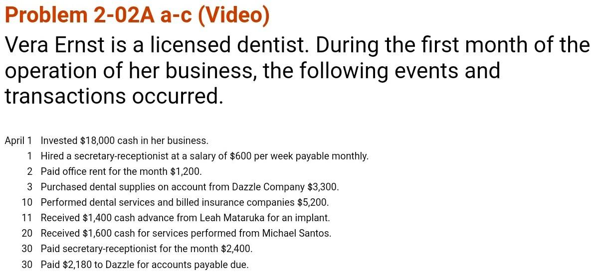  Excel format for answer, please Problem 2-02A a-c (Video) Vera Ernst