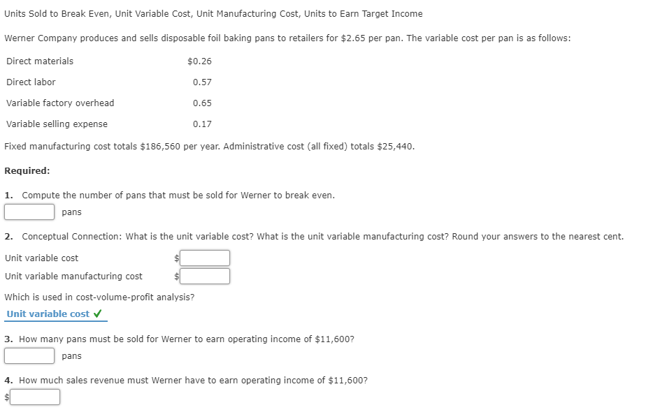  Units Sold to Break Even, Unit Variable Cost, Unit Manufacturing Cost,