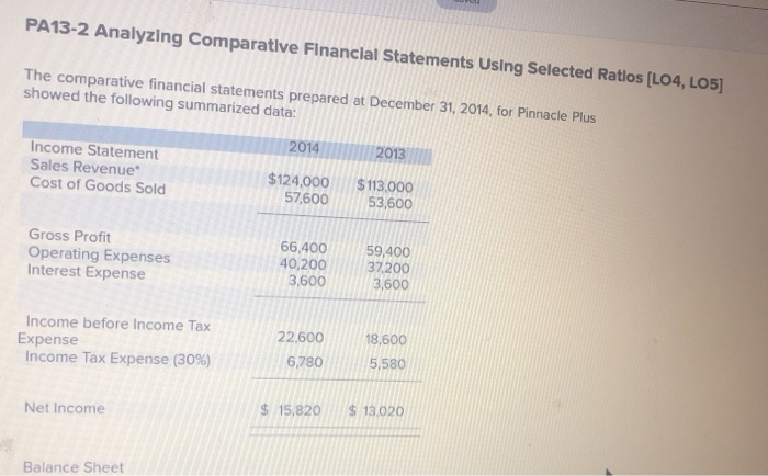  PA13-2 Analyzing Comparative Financial Statements Using Selected Ratios (L04, LO5] The