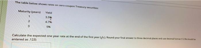  The table below shows rates on zero coupon Treasury securities Yield
