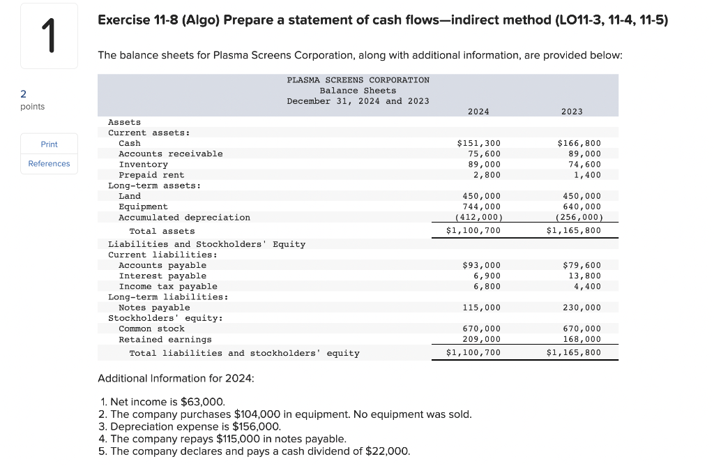 Exercise 11-8 (Algo) Prepare a statement of cash flows-indirect method (LO11-3,