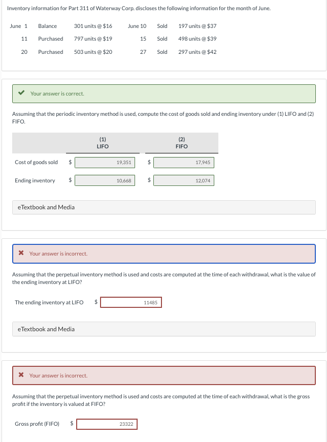 I need help with the two incorrect answers Inventory information for Part