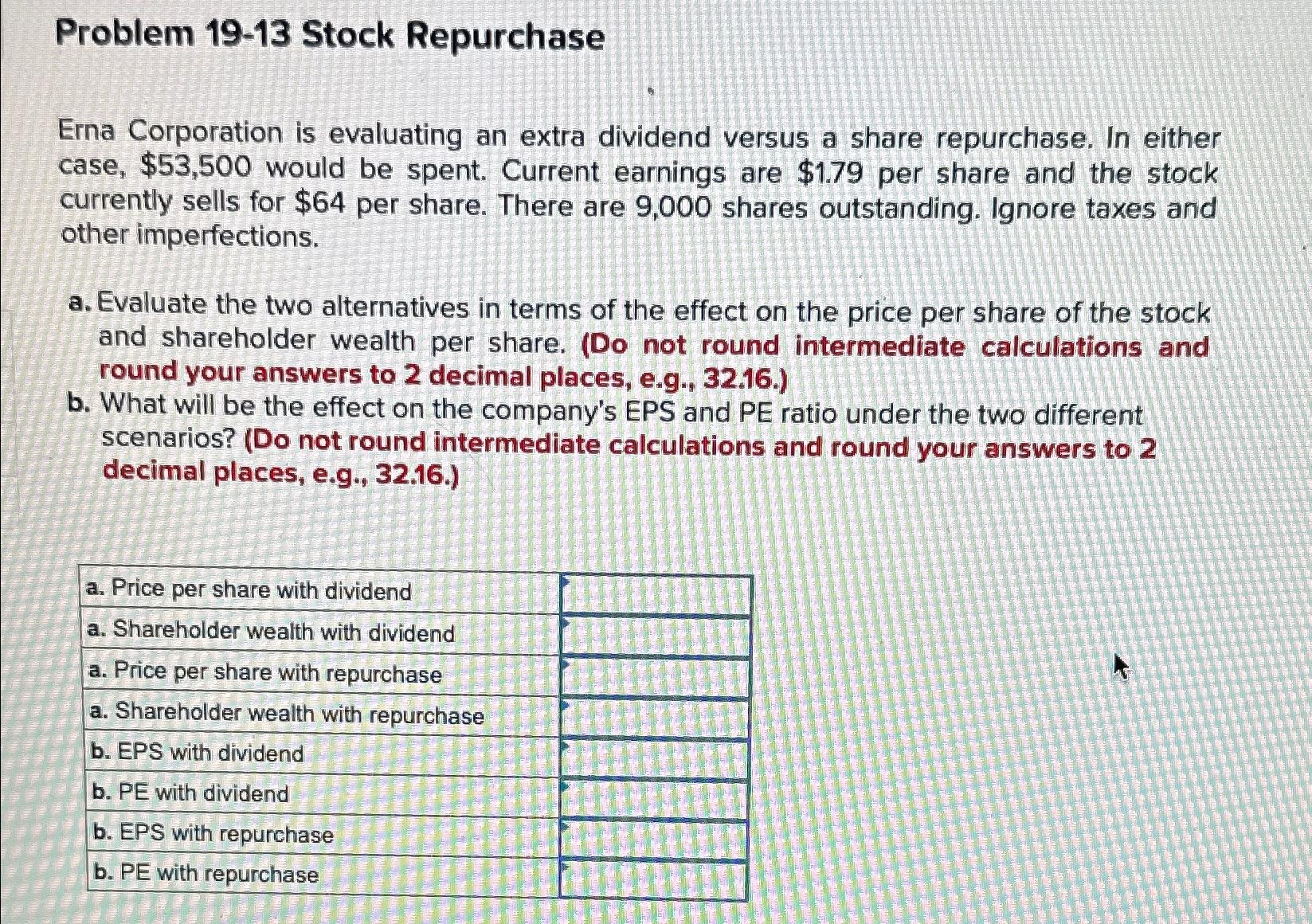  Problem 19-13 Stock Repurchase Erna Corporation is evaluating an extra dividend