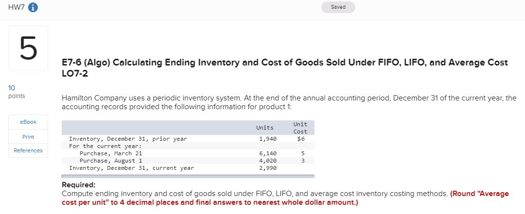 HW7 A Saved E7-6 (Algo) Calculating Ending Inventory and Cost of