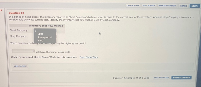  CALCULATOR FULL SCREEN PRINTER VERSION 4 BACK NEXT ES Question 12