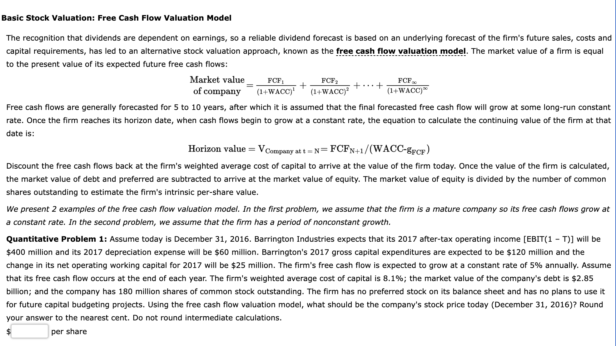  Please provide answer Basic Stock Valuation: Free Cash Flow Valuation Model