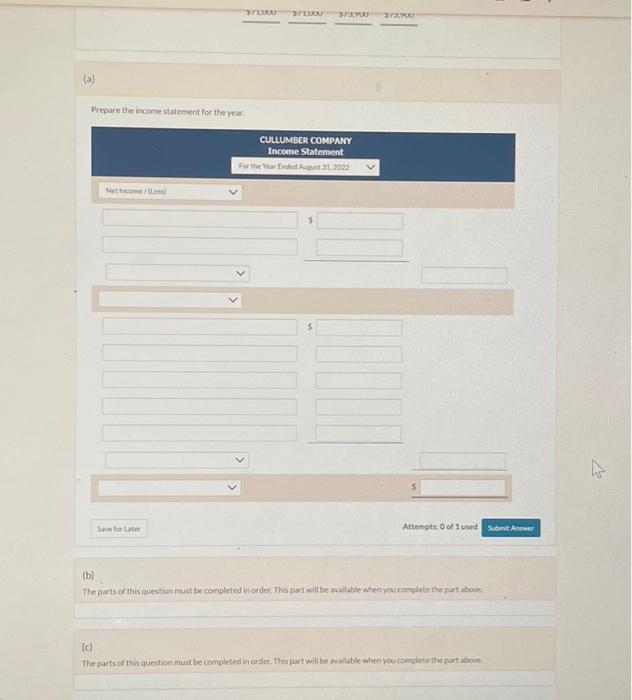 for Cullumber Company at the end of its fiscal year are presented