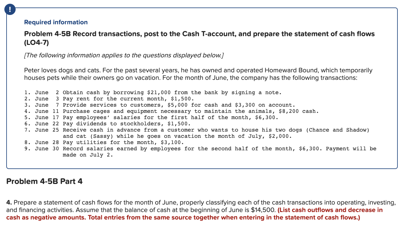 Required information Problem 4-5B Record transactions, post to the Cash T-account,
