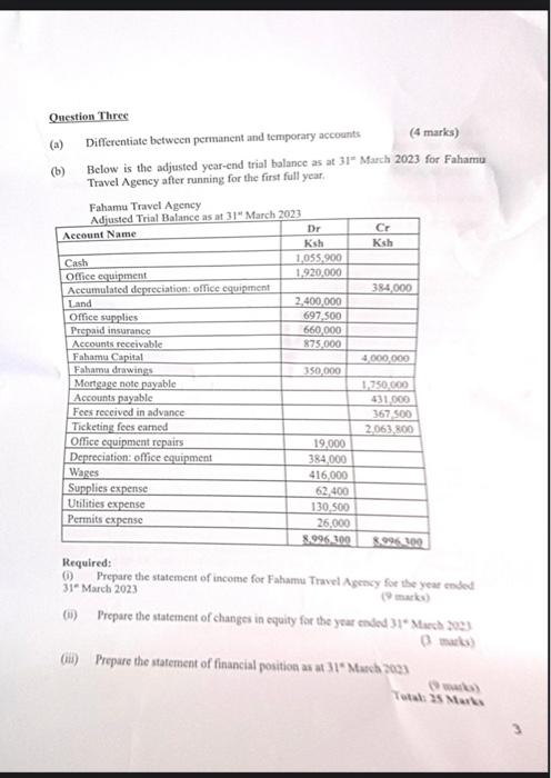 help Qnestion Three (a) Differentiate between permanent and temporary accounts (4 marks)