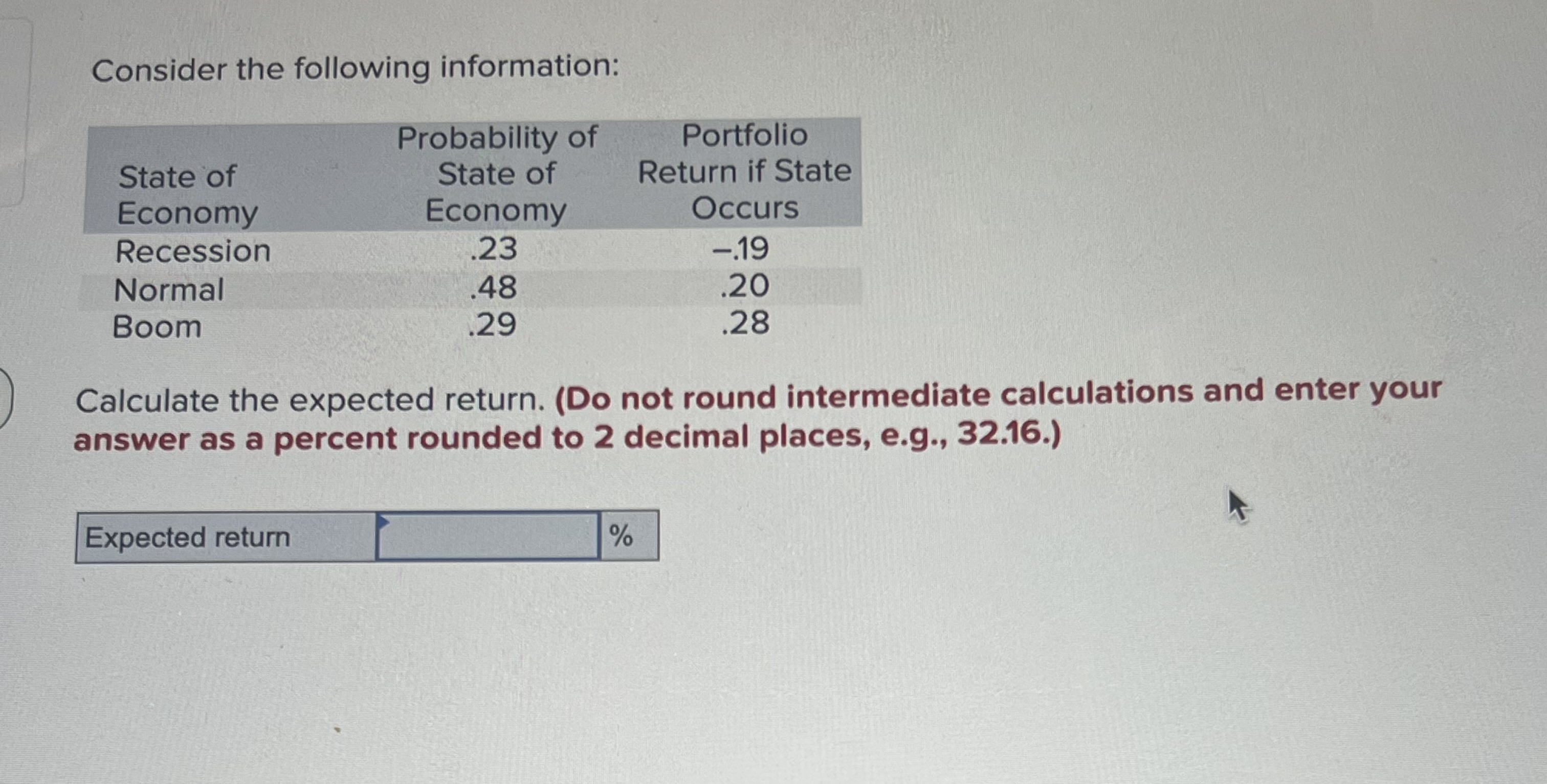  Consider the following information: Calculate the expected return. (Do not round