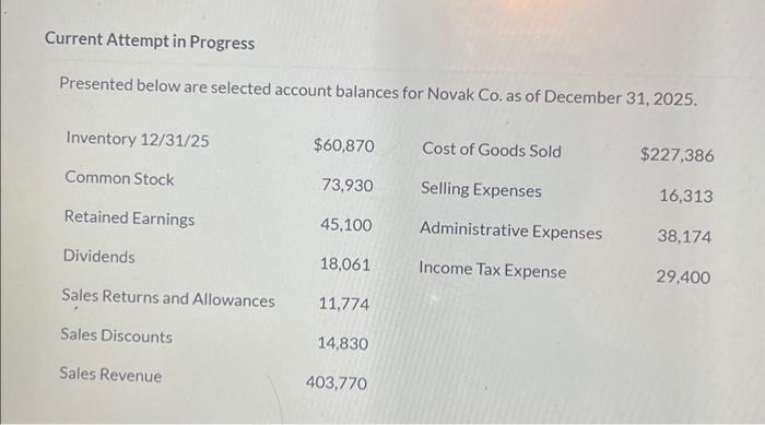  Current Attempt in Progress Presented below are selected account balances for