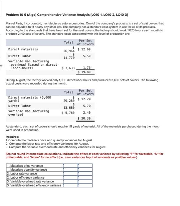 question in accounting Problem 10-9 (Algo) Comprehensive Variance Analysis [LO10-1, LO10-2, LO10-3]