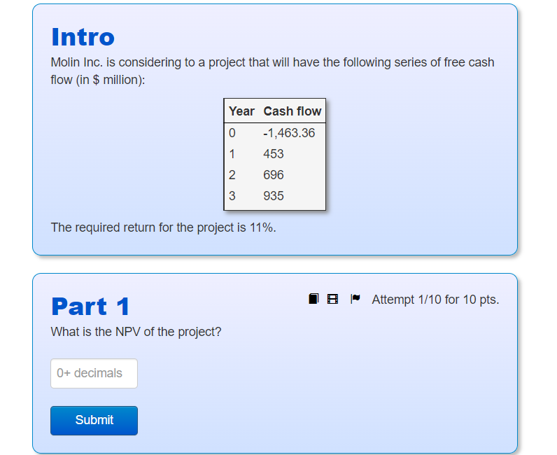 Intro Molin Inc. is considering to a project that will have