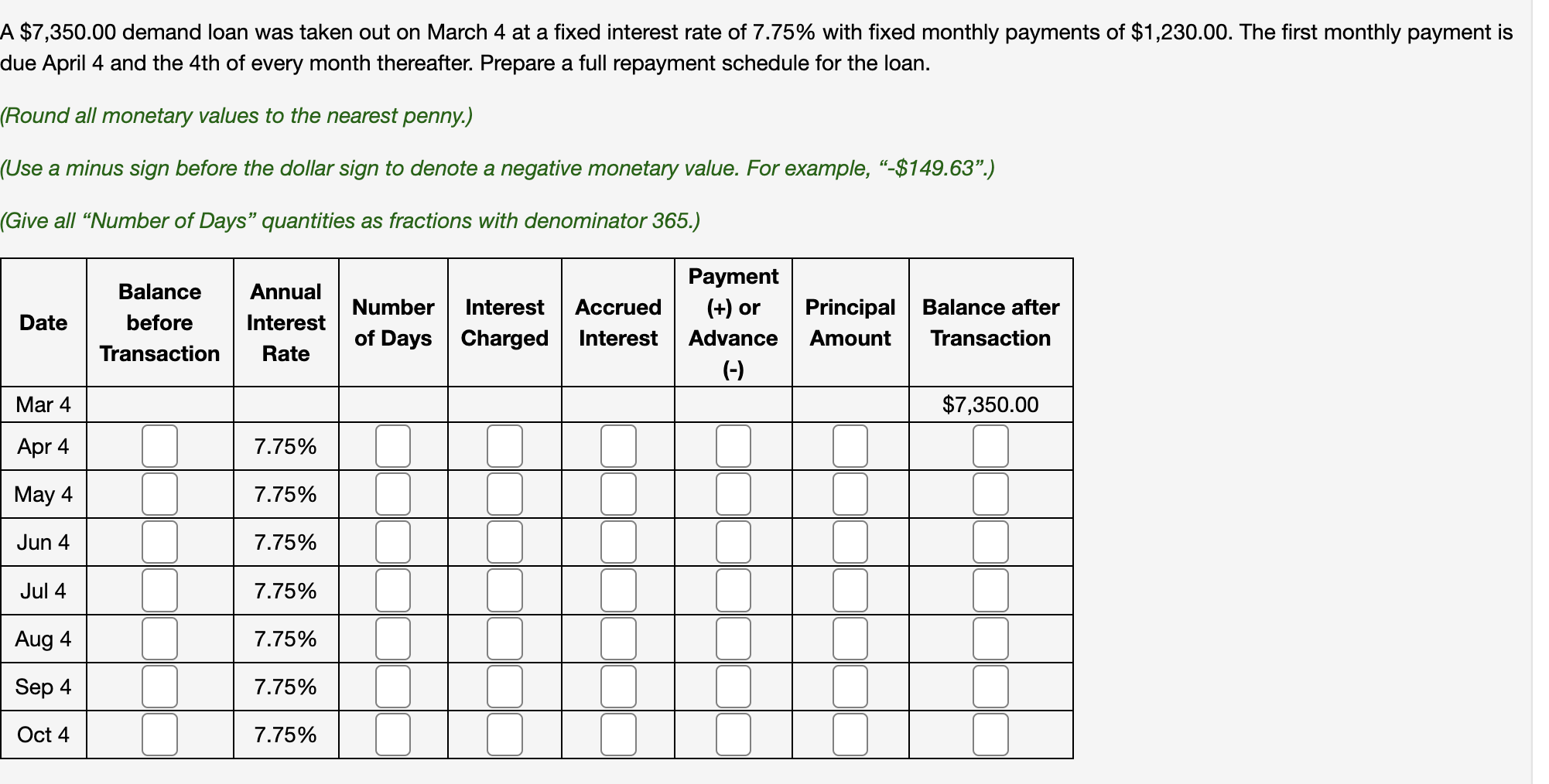  fill out whole table pls A $7,350.00 demand loan was taken