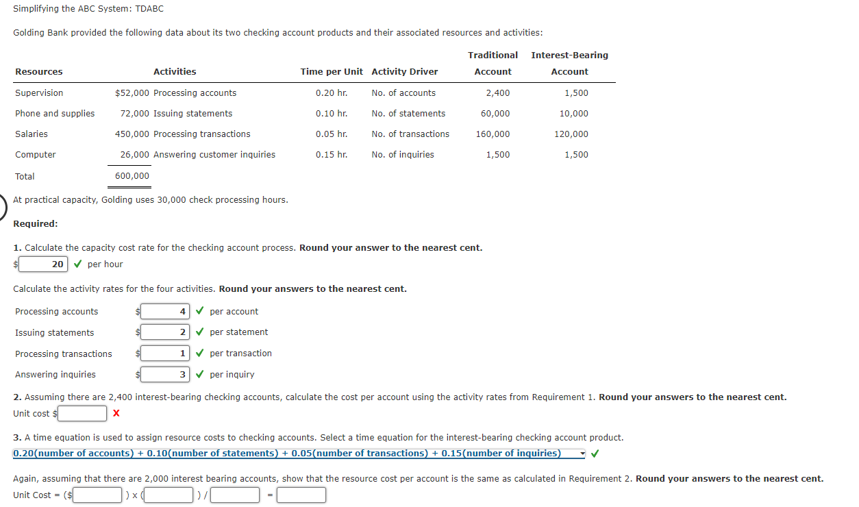 Need help with number 2 Simplifying the ABC System: TDABC Golding Bank