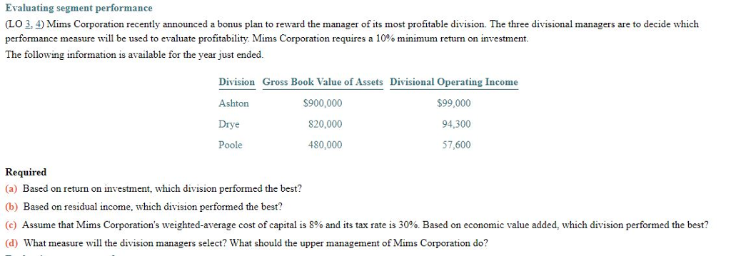 Evaluating Segment Performance - Answer a-d PLEASE SHOW FORMULAS Evaluating segment performance