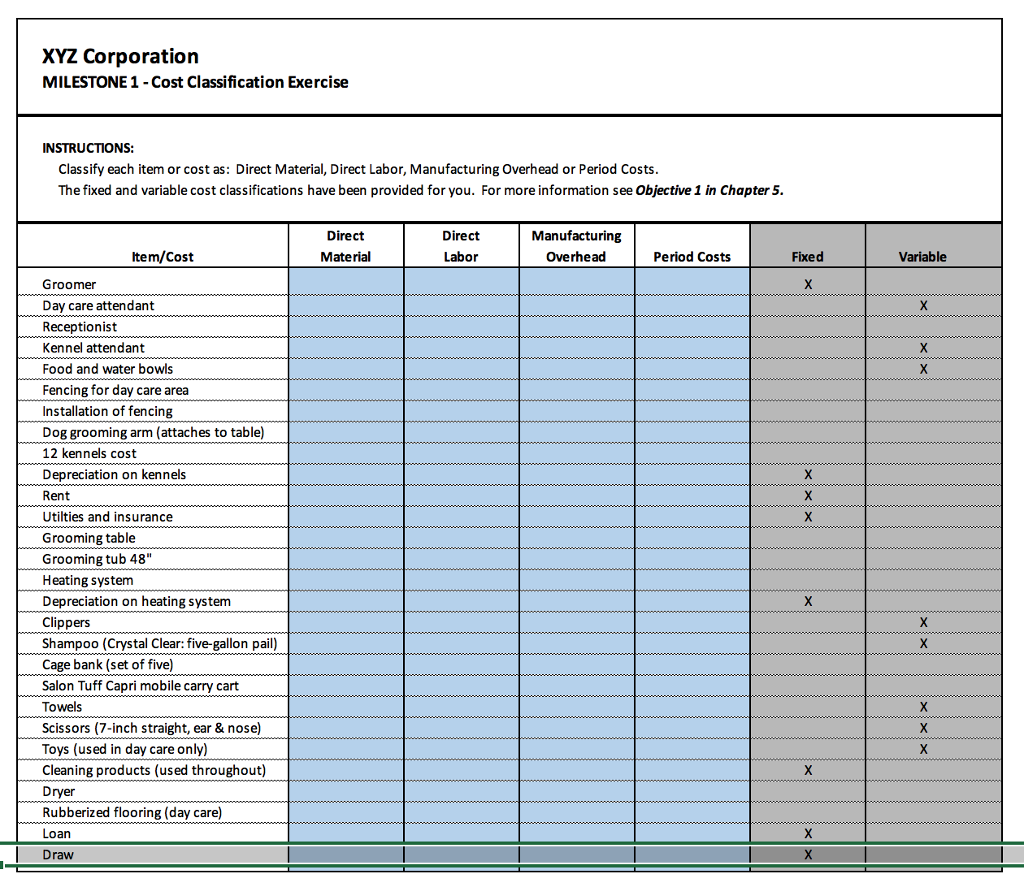 XYZ Corporation MILESTONE 1- Cost Classification Exercise INSTRUCTIONS Classify each item