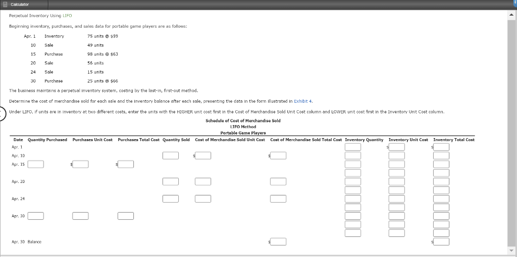 Perpetual Inventory Using LIFO Beginning inventory, purchases, and sales data for