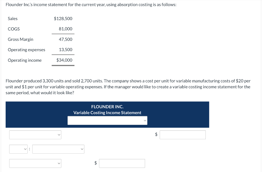  Flounder Inc.'s income statement for the current year, using absorption costing