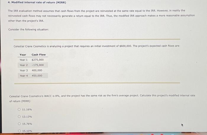 drop down menu: accept or reject 4. Modified internal rate of return