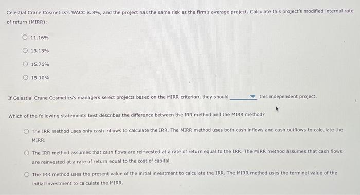 (MIRR) The IRR evaluation method assumes that cash flows from the project