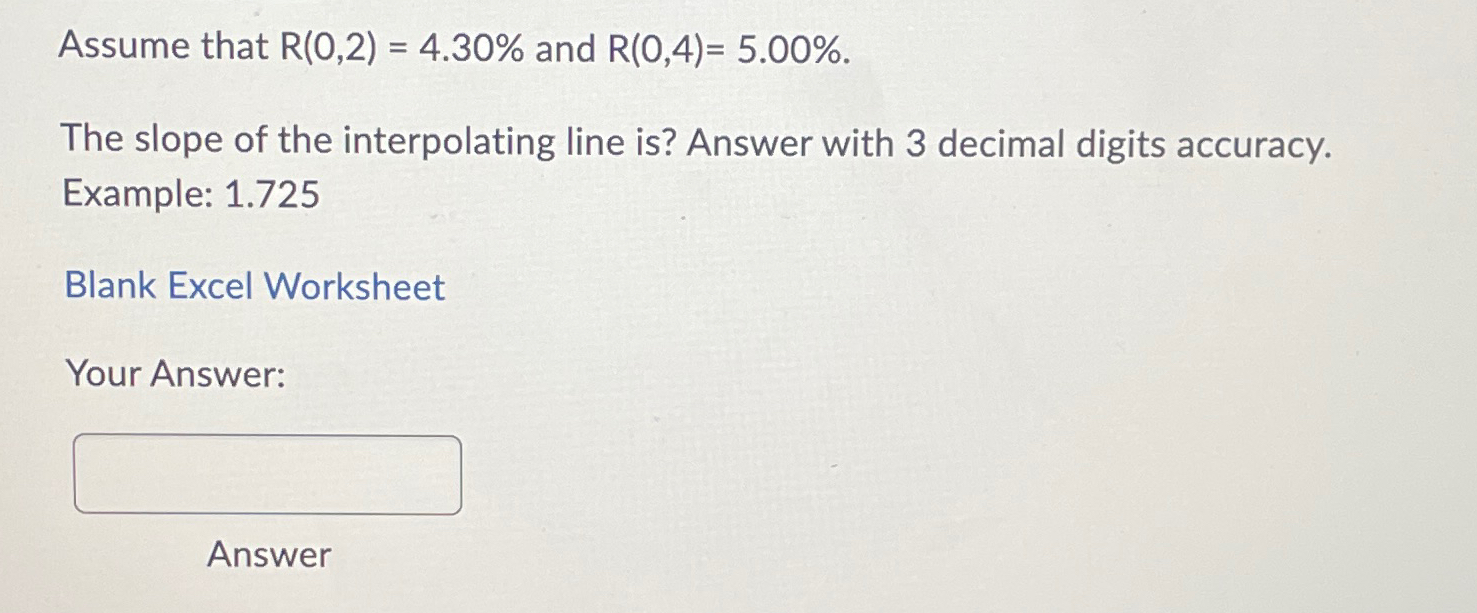  Assume that R(0,2)=4.30% and R(0,4)=5.00%. The slope of the interpolating line