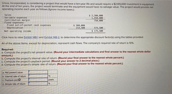  Ursus, Incorporated, is considering a project that would have a ten-year