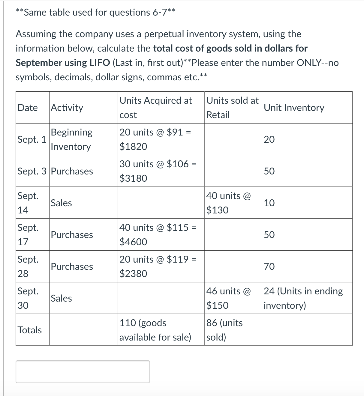  Same table used for questions 67 Assuming the company uses a