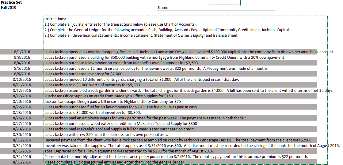 Practice Set Fall 2019 Name Instructions: 11.) Complete all journal entries