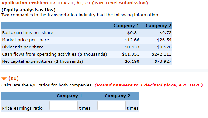 Application Problem 12-11A a1, bi, c1 (Part Level Submission) (Equity analysis