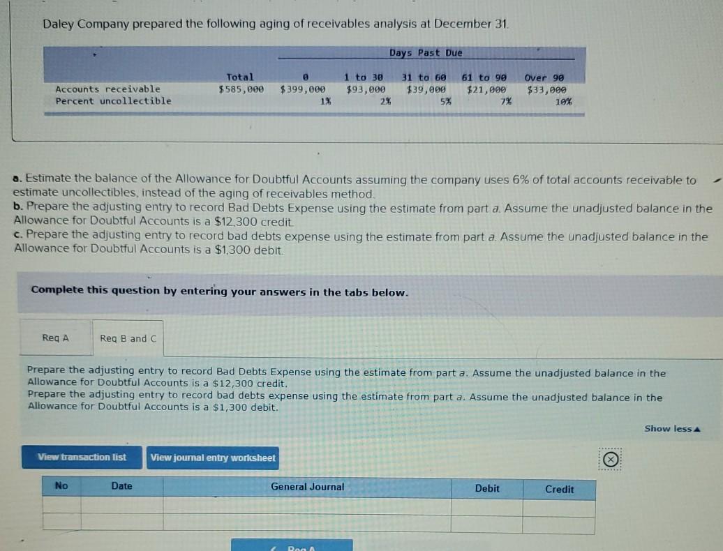 to the questions displayed below.) Daley Company prepared the following aging of