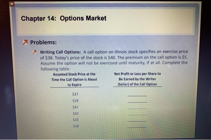  Chapter 14: Options Market 7 Problems: Writing Call Options: A call
